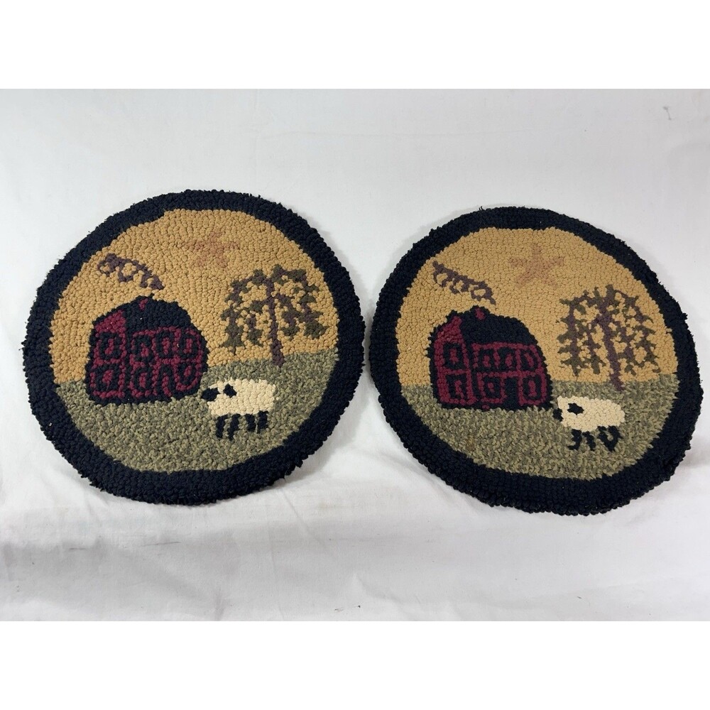 2 Park Designs Primitive Farmhouse House Folk Art Hooked Chair Pads 14.5"